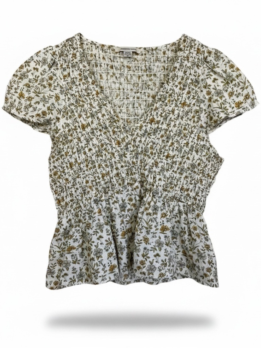 Smocked V-Neck Floral Peplum Top - Olive & Cream